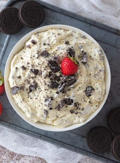 top down shot of Oreo dip with strawberries