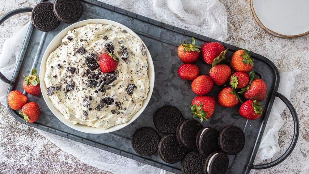 top down view of Oreo dip with strawberries