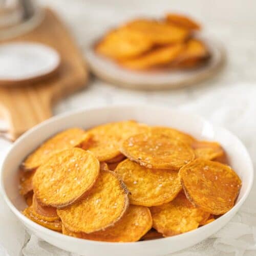 air fryer sweet potato chips in a bowl