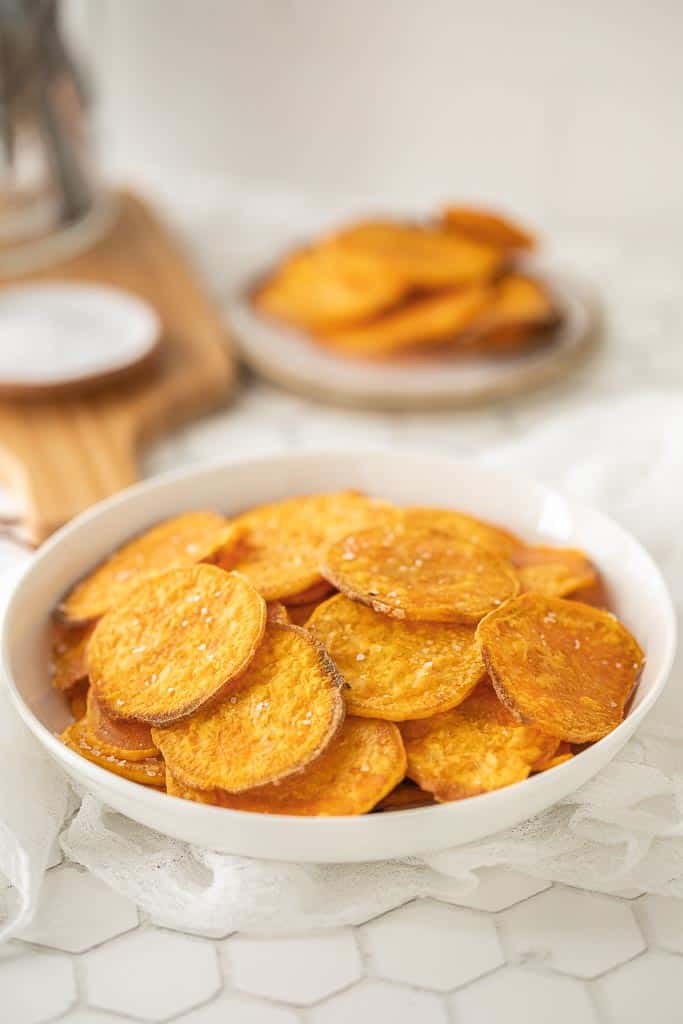 air fryer sweet potato chips in a bowl