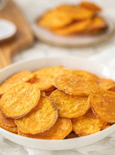 close up of air fryer sweet potato chips