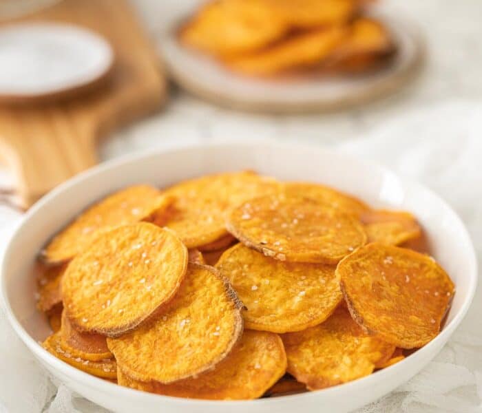 close up of air fryer sweet potato chips
