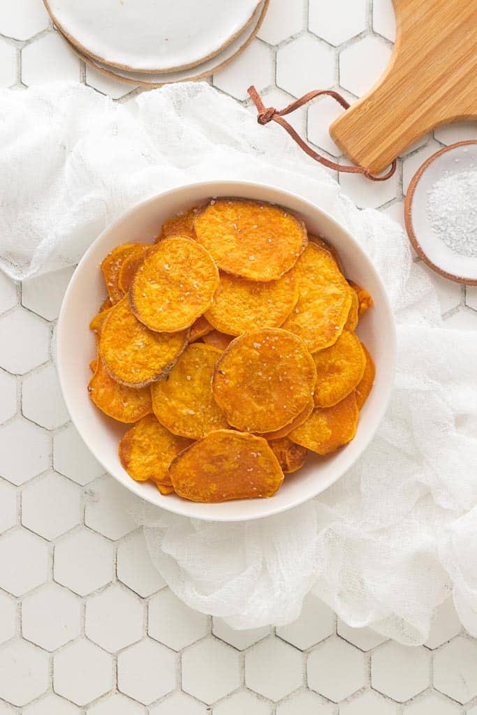 top down shot of air fryer sweet potato chips