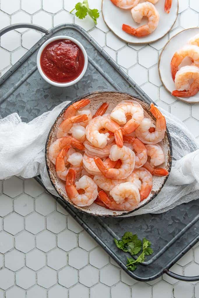 top down shot of boiled shrimp in bowl