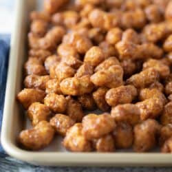 caramel puff corn on baking sheet