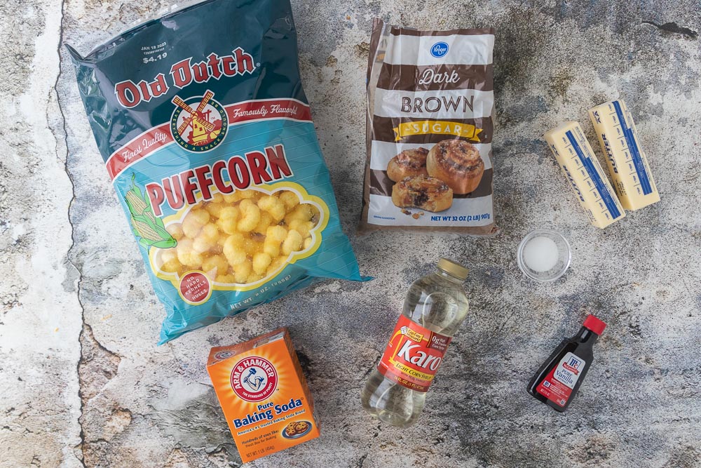 Caramel puff corn ingredients on a counter.