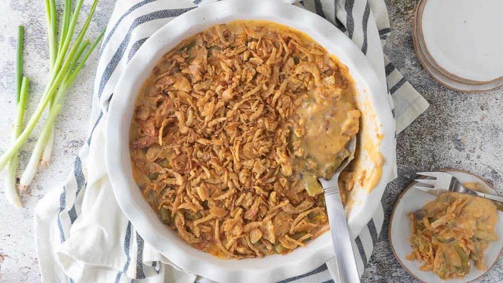 top down shot of cheesy green bean casserole