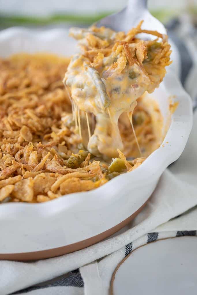 cheesy green bean casserole in dish