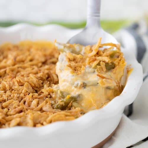 green bean casserole scooped from dish
