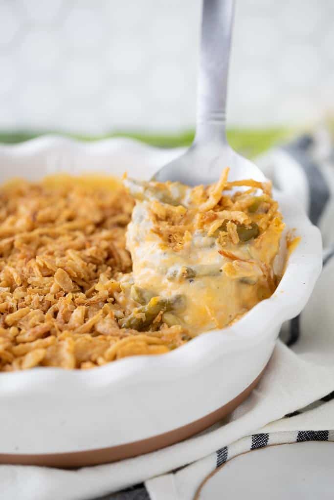 green bean casserole scooped from dish