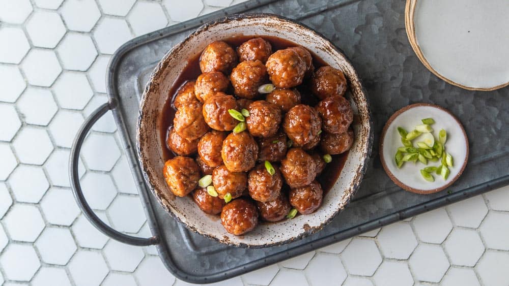 top down shot of barbeque meatballs