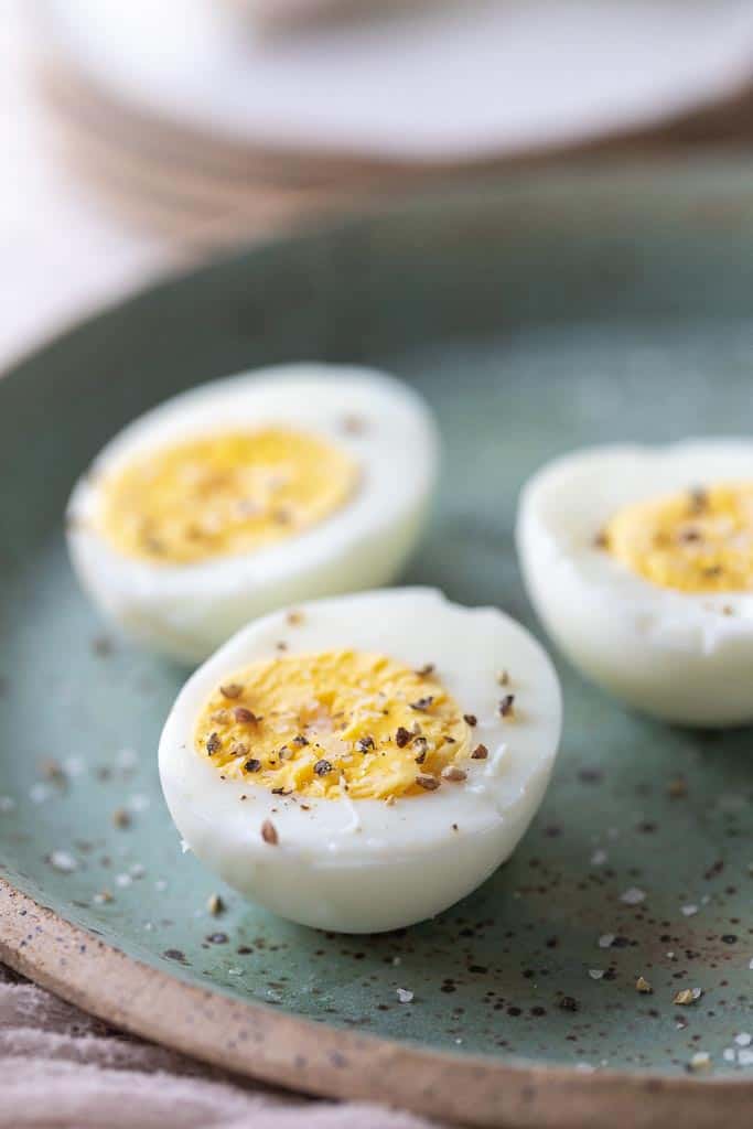 hard boiled egg halves seasoned with salt and pepper