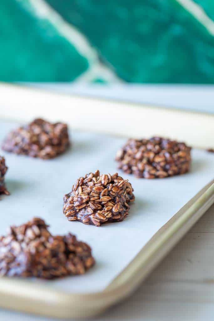 no bake cookies on parchment lined baking sheet