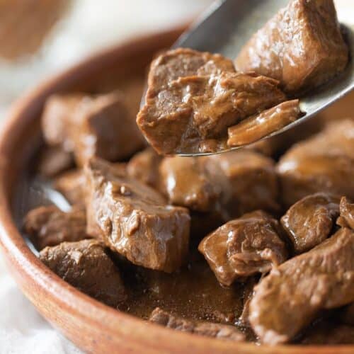 spoon scooping up beef tips