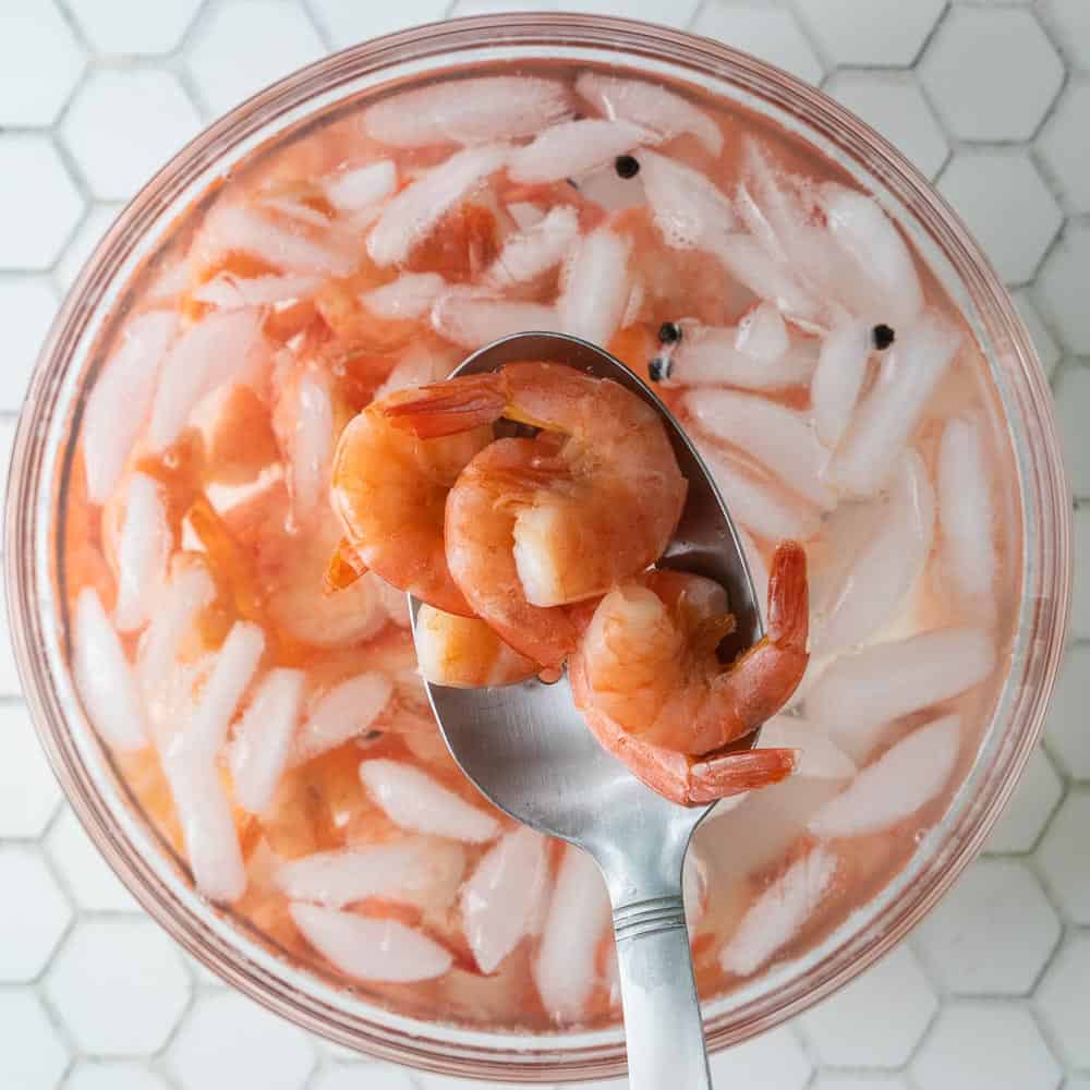 shrimp removed with spoon from ice bath