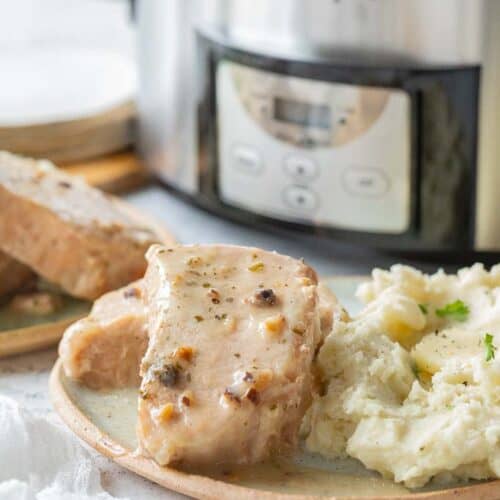 gravy covered pork chops on plate