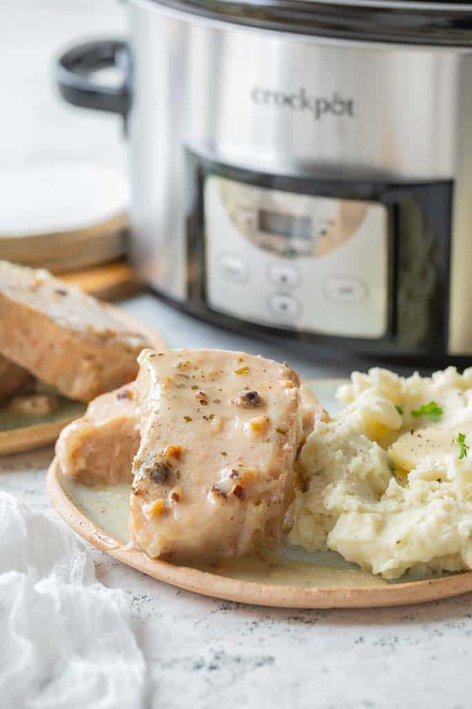 gravy covered pork chops on plate