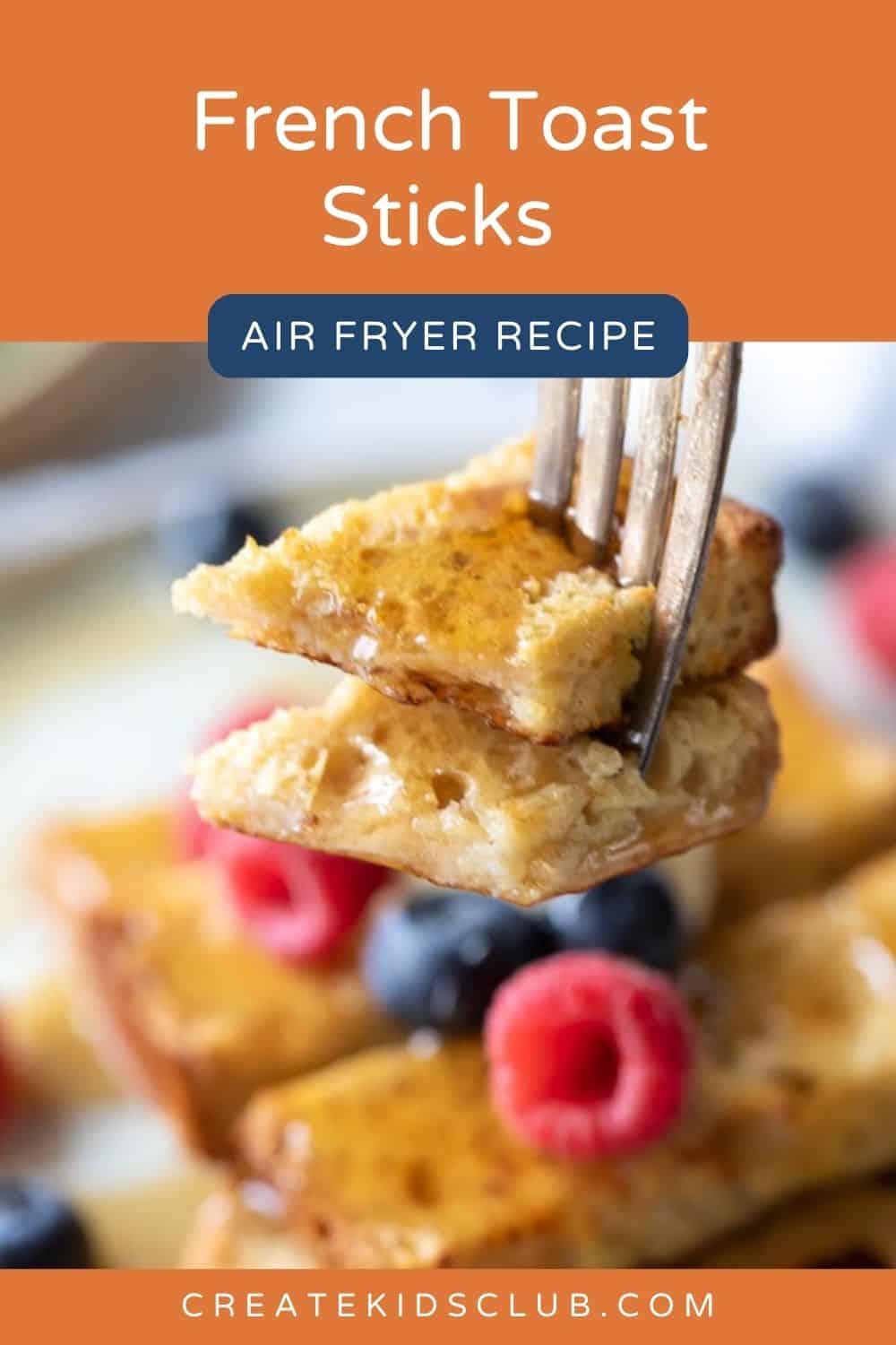 Pin of air fryer French toast with a fork taking a bite.