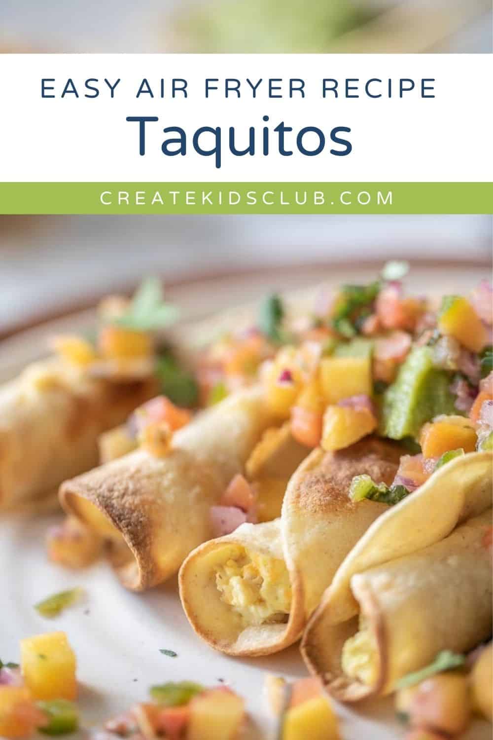 Pin of air fryer taquitos with salsa on top.