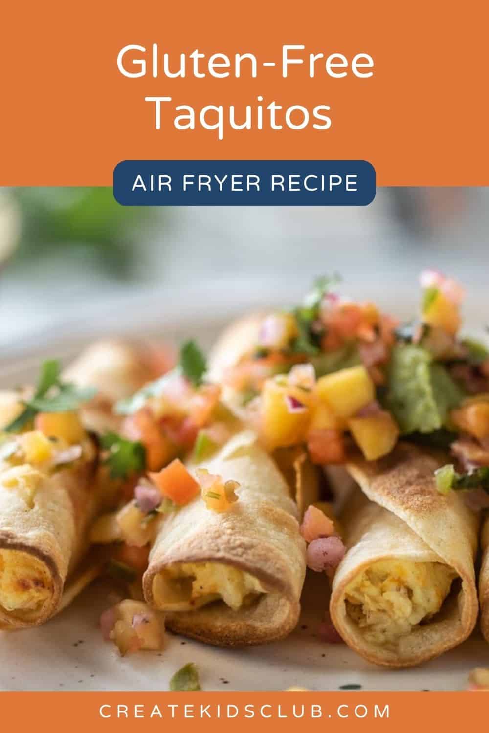 Pin of air fryer taquitos with salsa on top.