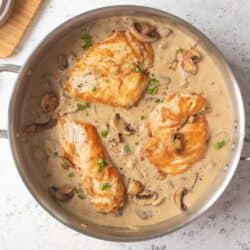 creamy chicken and mushrooms in pan