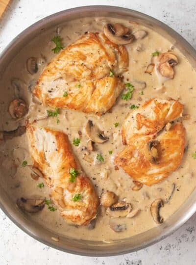 creamy chicken and mushrooms in pan