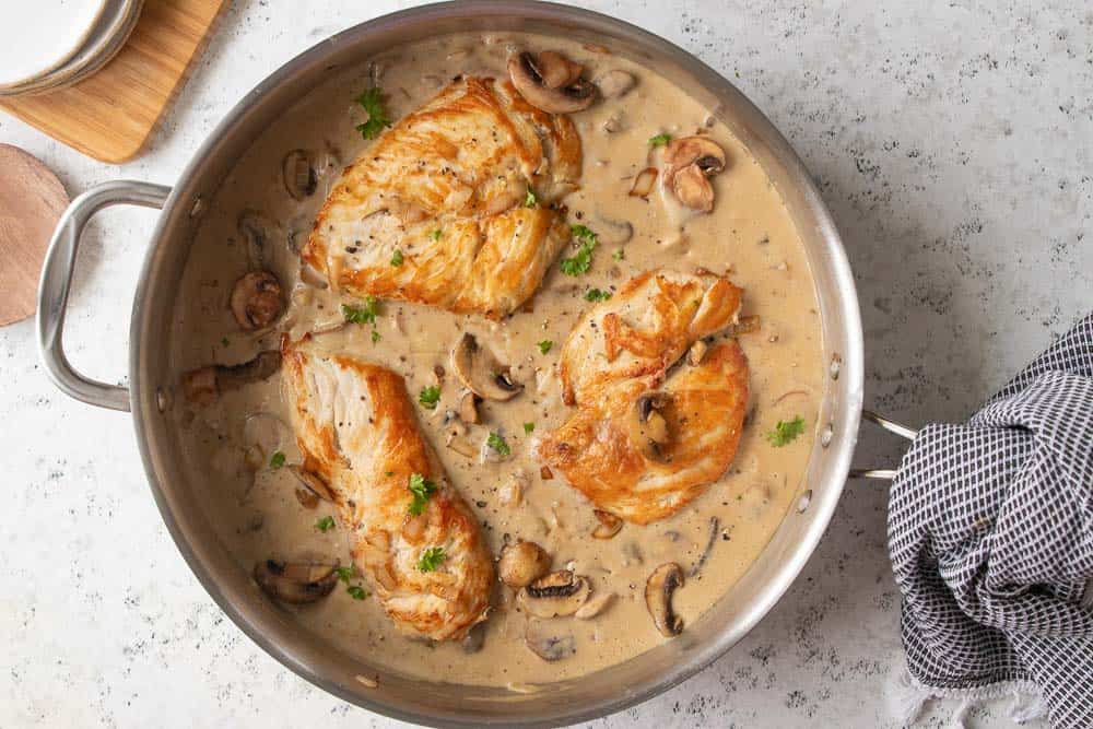 top down shot of chicken and mushrooms in saute pan