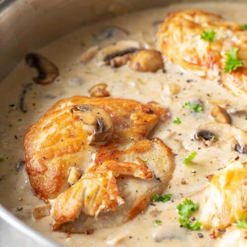A close up of seared chicken in a skillet with mushroom sauce.