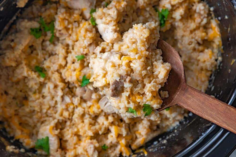 close up view of spoon scooping chicken and rice