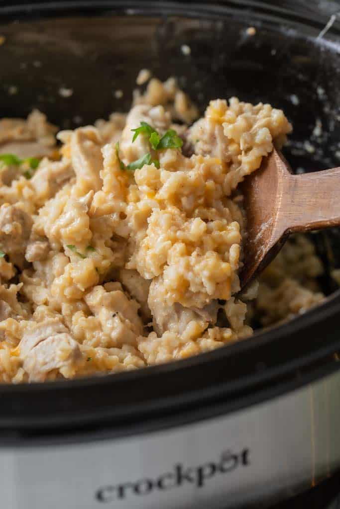 spoon in crockpot chicken and rice