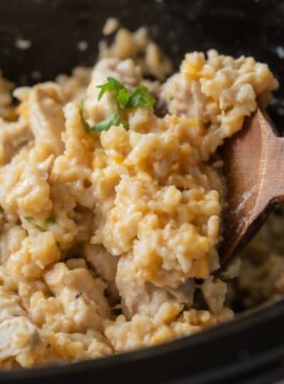 spoon in chicken and rice casserole