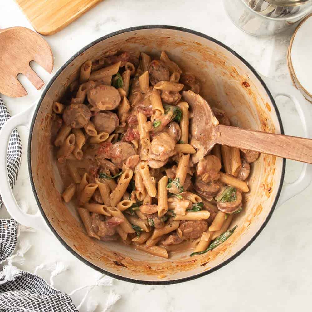 top down shot of chicken sausage pasta