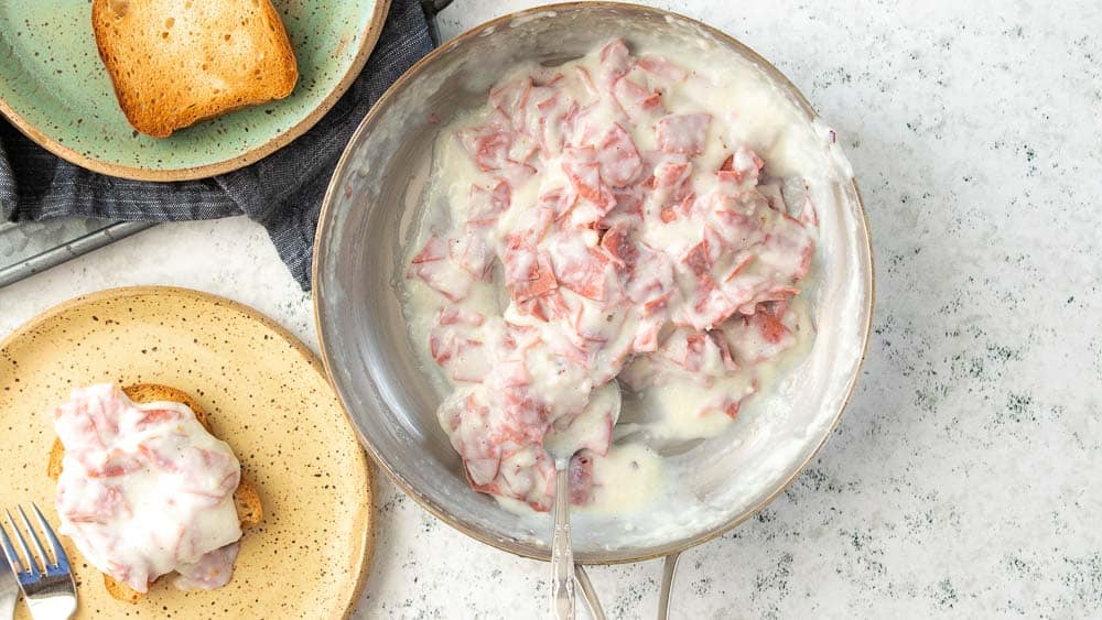 chipped beef in mixing bowl