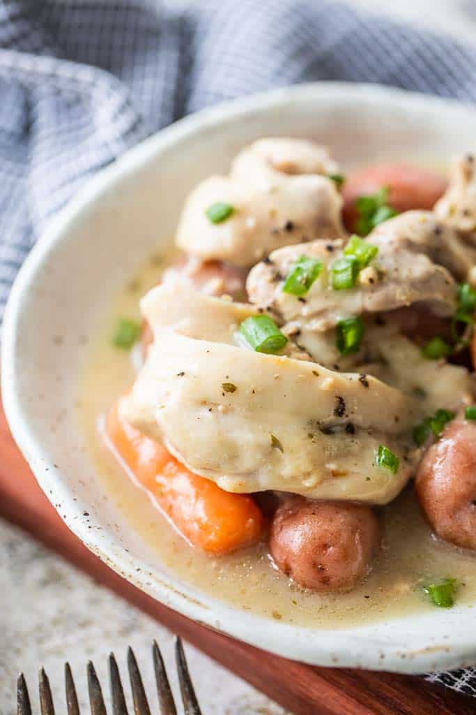 carrots, potatoes and ranch chicken in bowl