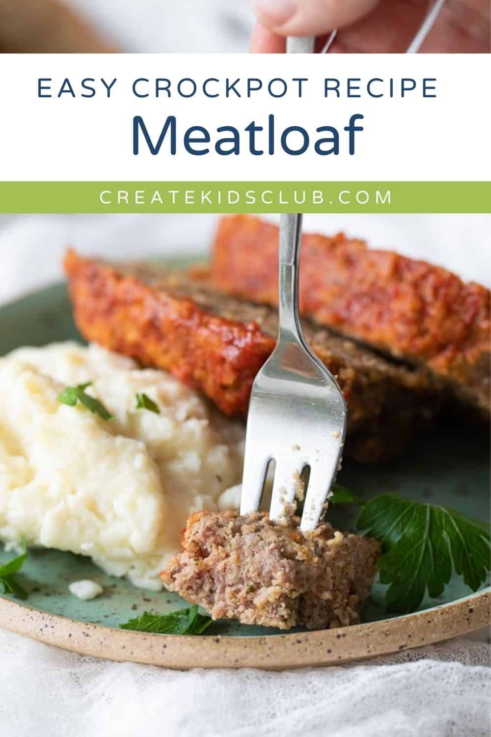 A pin of sliced meatloaf and mashed potatoes on a plate with a fork taking a piece.