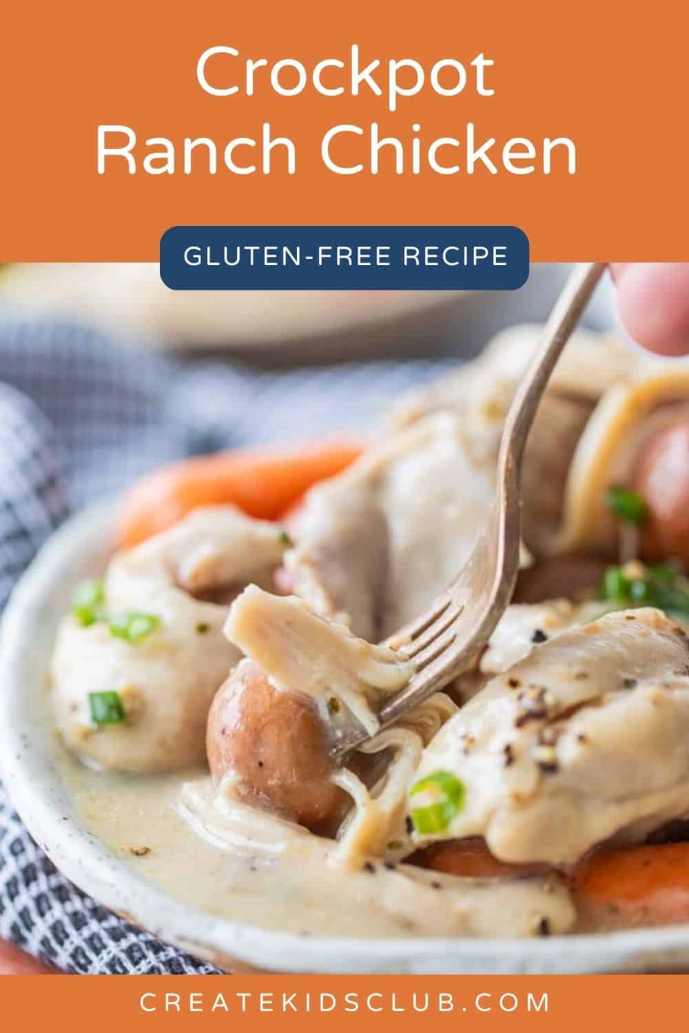 Pin of crockpot ranch chicken shown in a bowl with a fork taking a bite.