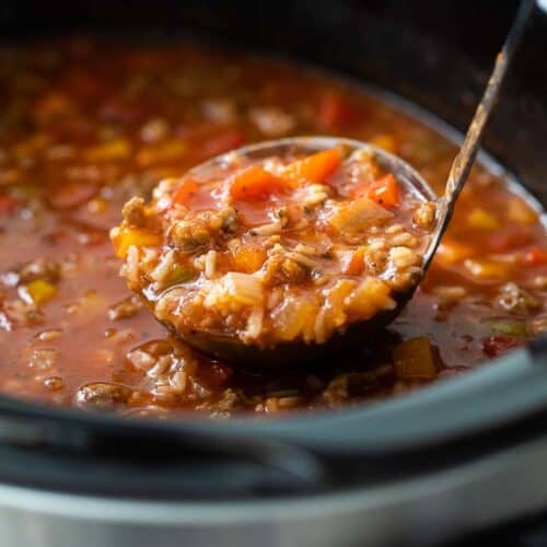ladle in crockpot with stuffed pepper soup