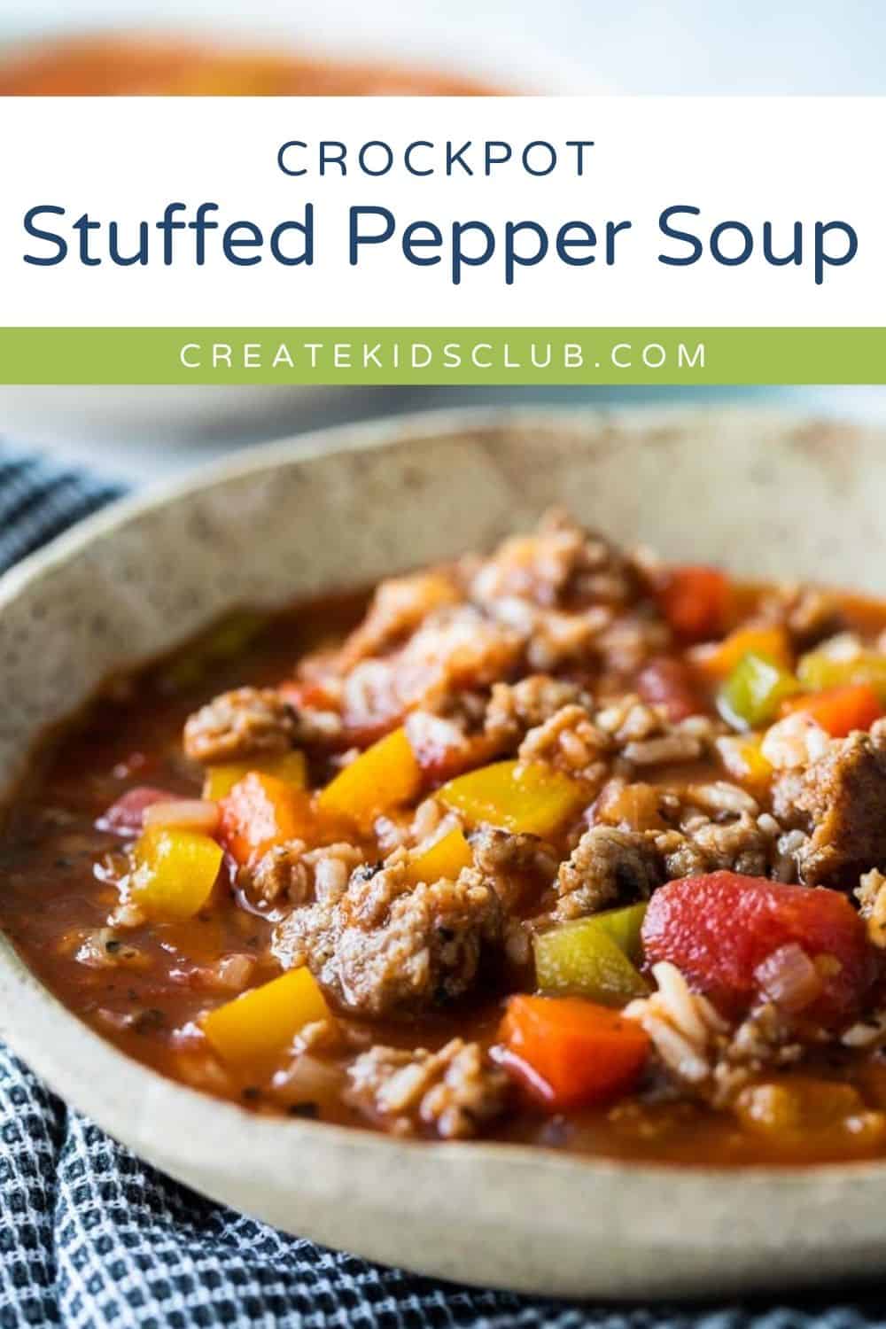 Pin of stuffed pepper soup in bowl