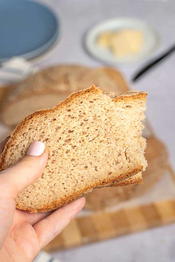 hand holding slice of bread