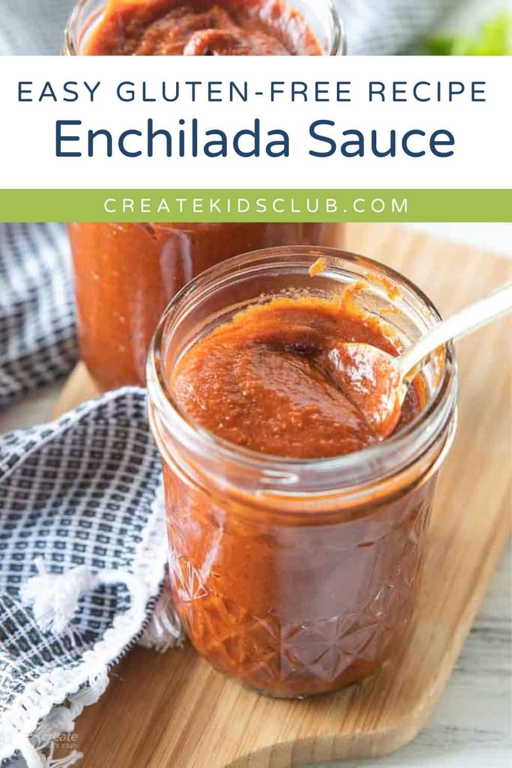 A pin of gluten free enchilada sauce being spooned out of a jar.