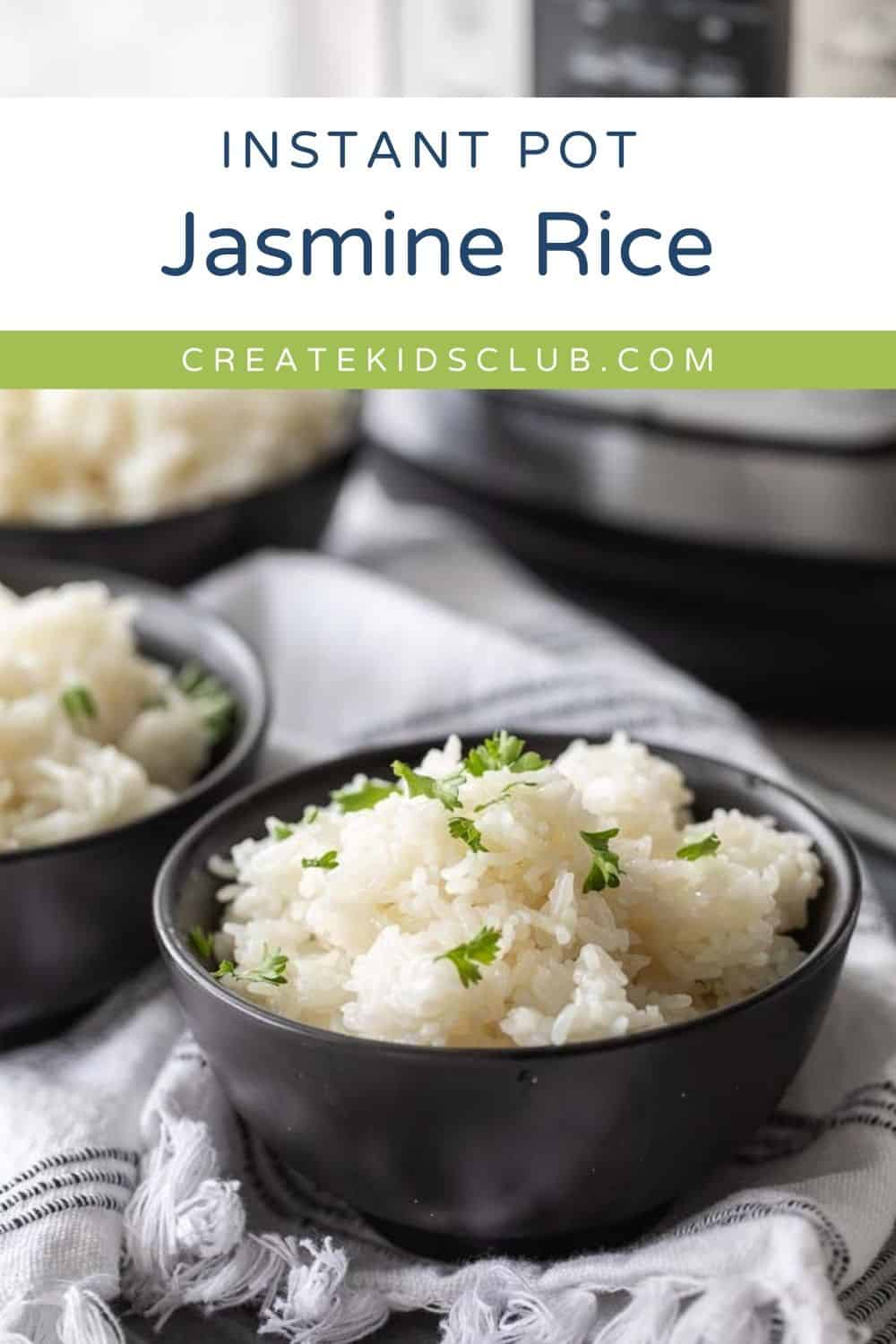 Pin of instant pot jasmine rice shown in a bowl.