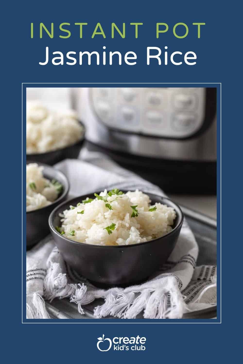 Pin of instant pot jasmine rice shown in a bowl.
