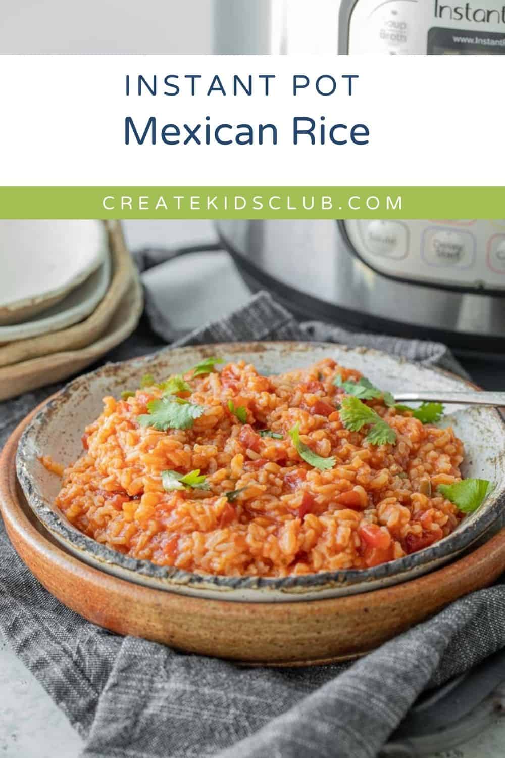 Pin of instant pot Mexican rice in a bowl.