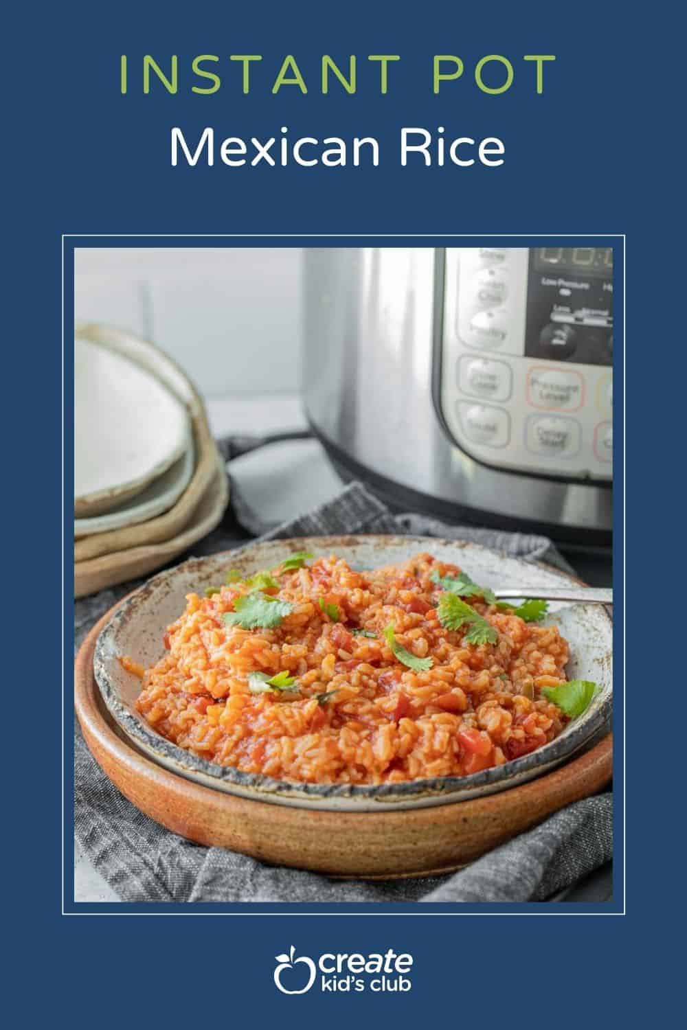 Pin of instant pot Mexican rice in a bowl.