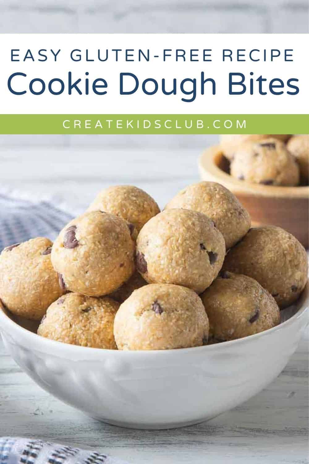 No bake cookie dough bites shown in a bowl.