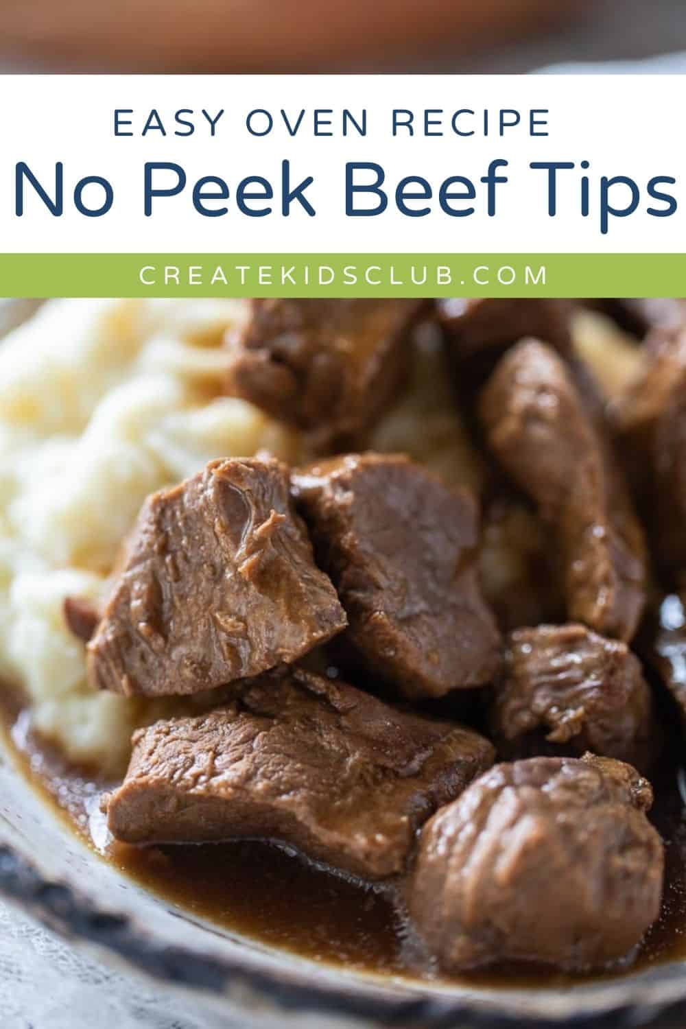A pin showing a close up of beef tips with mashed potatoes.