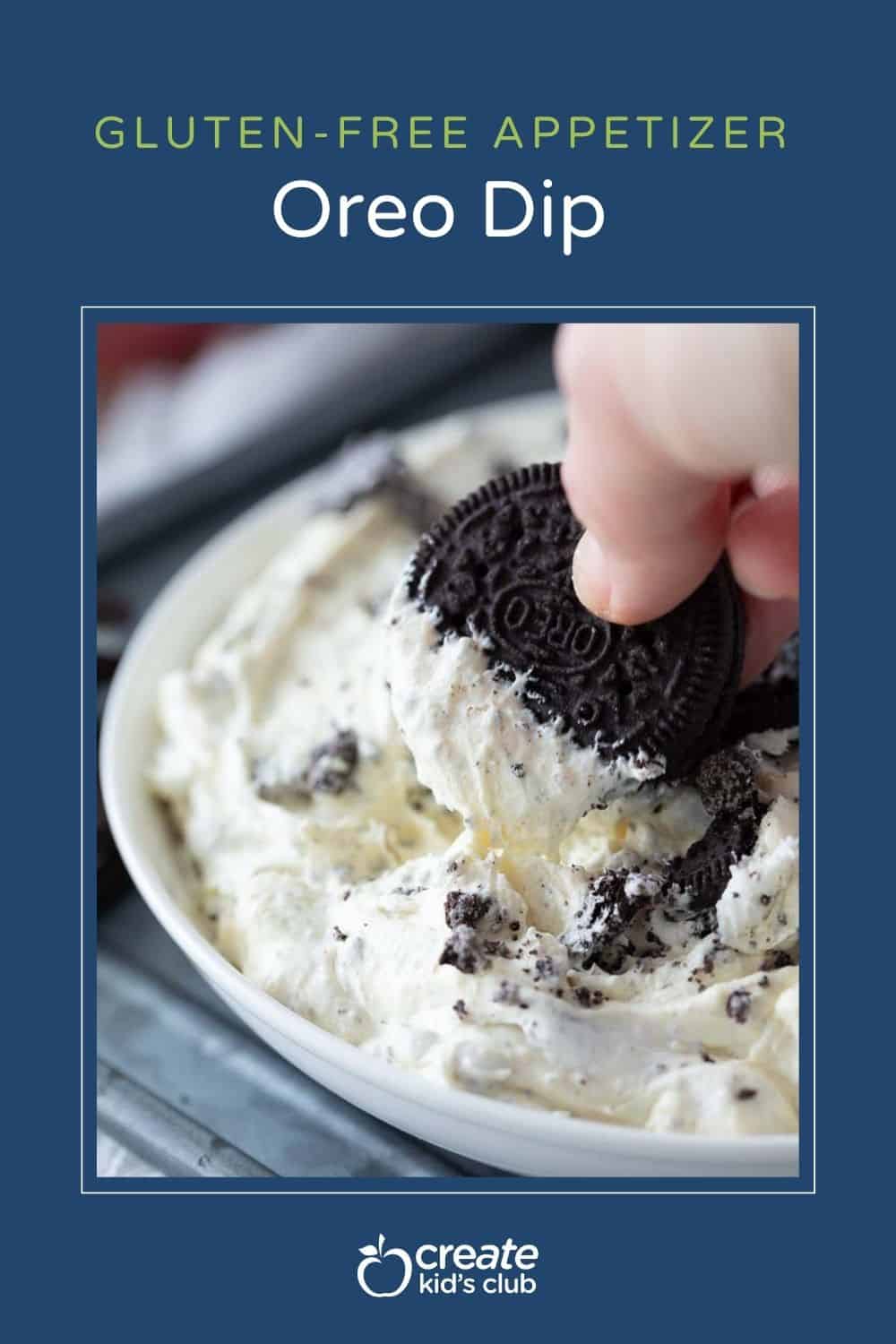 A pin of Oreo dip with a Oreo taking some dip from a bowl.
