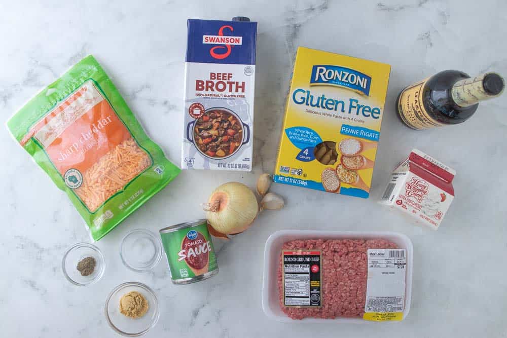 ingredients for pasta recipe with ground beef