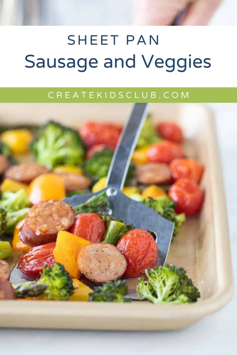 Pin showing sausage and vegetables on sheet pan