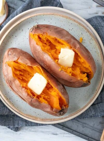 top down shot of cooked sweet potatoes with butter